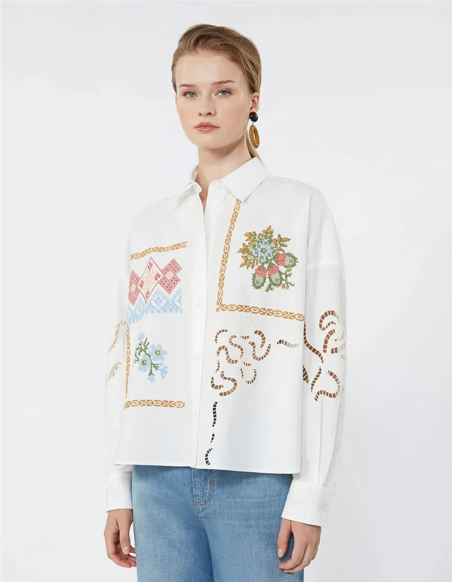 Camicia donna Fonte ricamata bianco