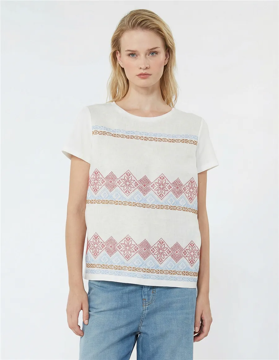 T-shirt donna Genio lino ricamato bianco