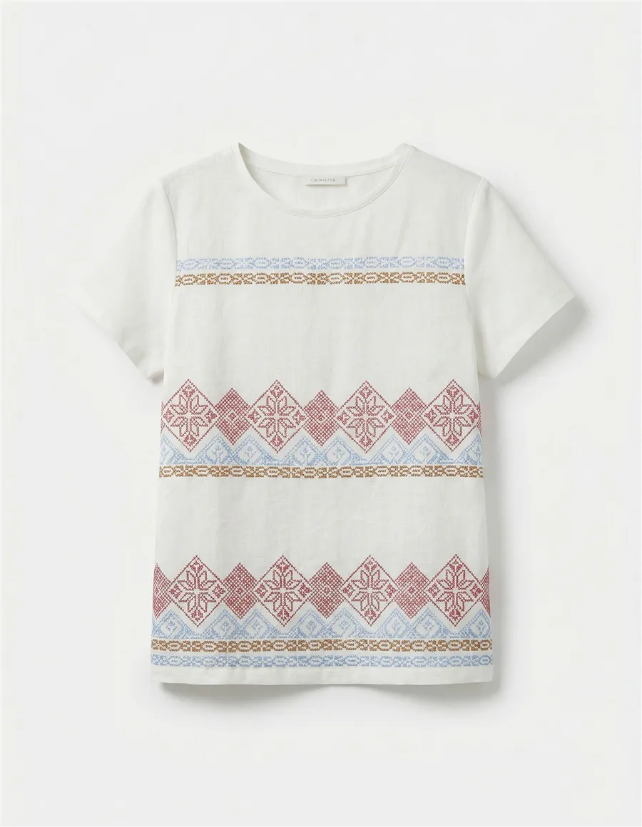 T-shirt donna Genio lino ricamato bianco