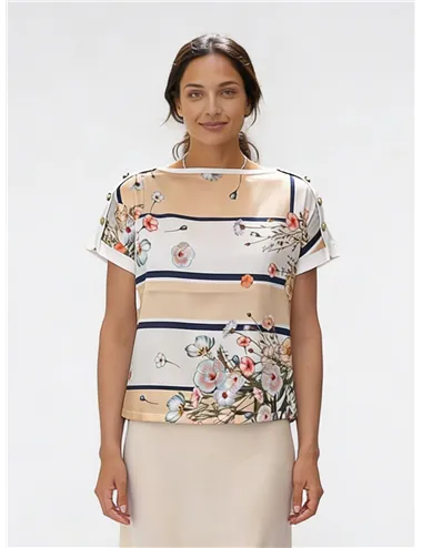 T-shirt donna con inserto in twill stampato blu