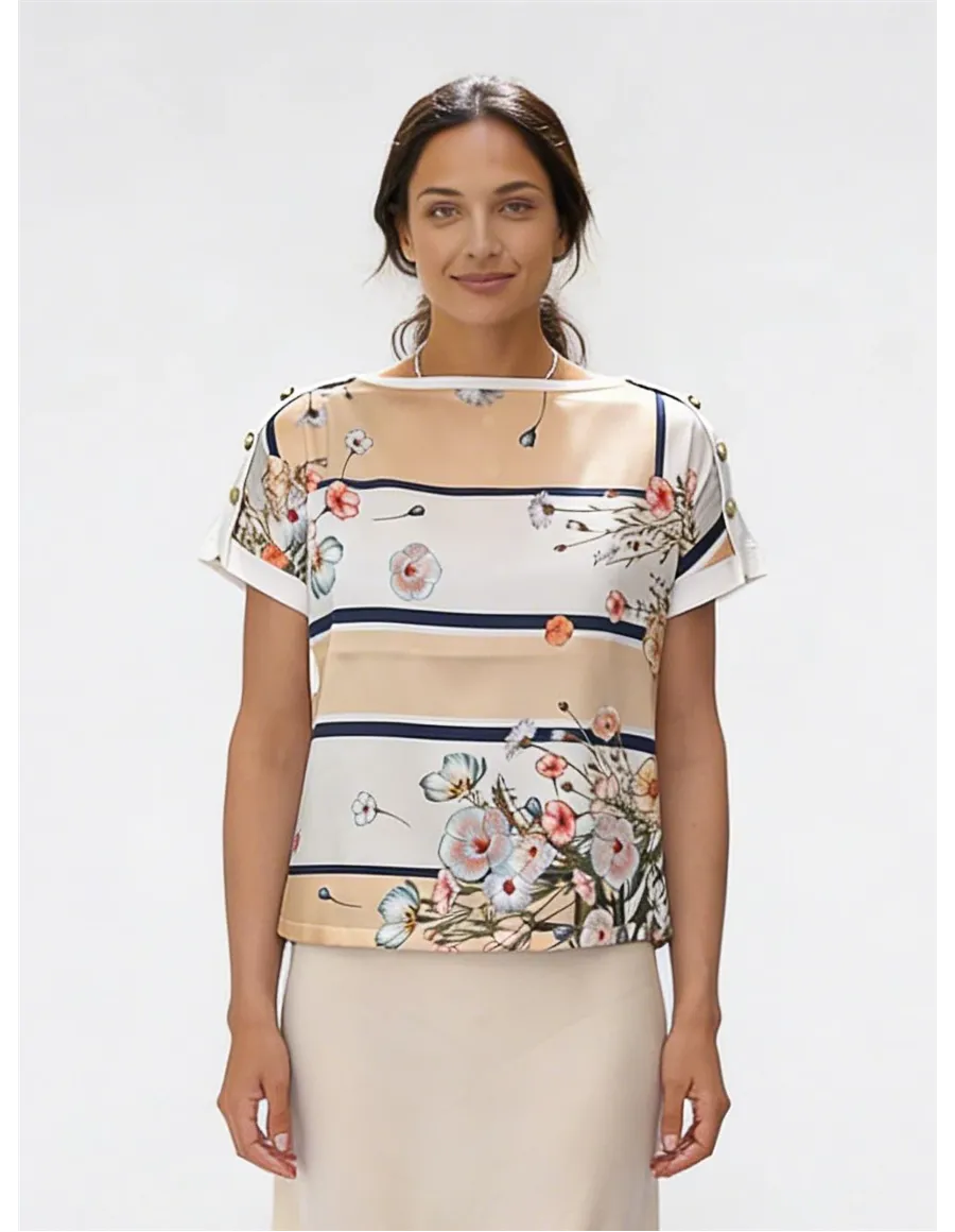 T-shirt donna con inserto in twill stampato blu