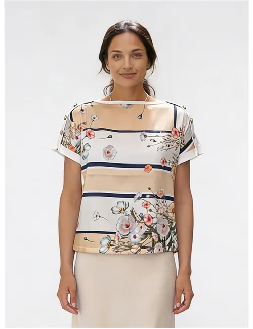 T-shirt donna con inserto in twill stampato blu