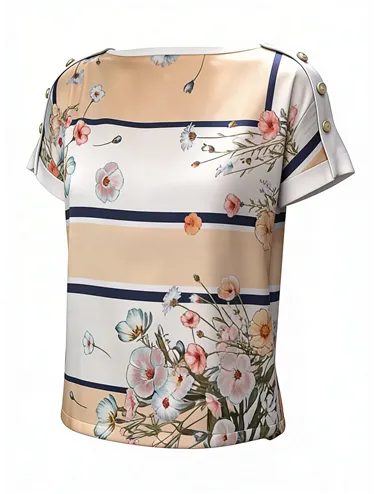 T-shirt donna con inserto in twill stampato blu