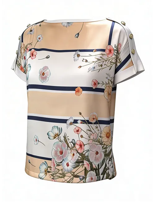 T-shirt donna con inserto in twill stampato blu