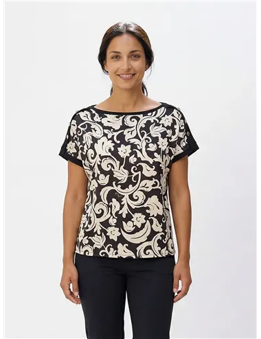 T-shirt donna con inserto in twill stampato nero bianco