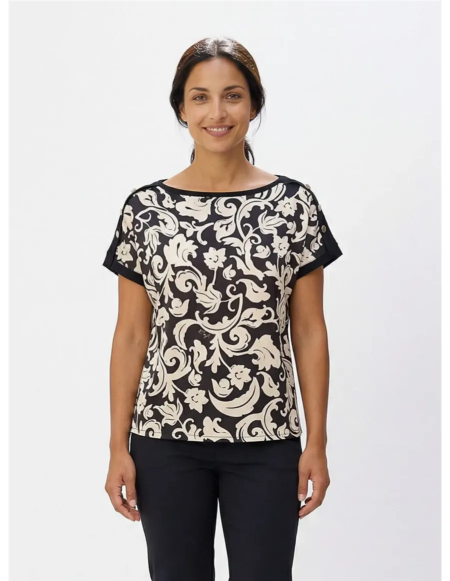 T-shirt donna con inserto in twill stampato nero bianco