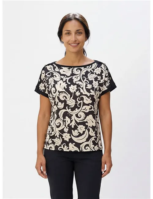 T-shirt donna con inserto in twill stampato nero bianco