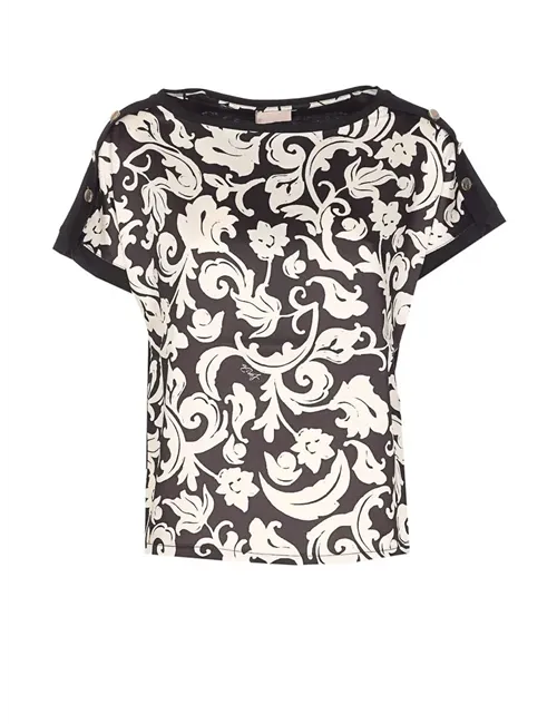 T-shirt donna con inserto in twill stampato nero bianco