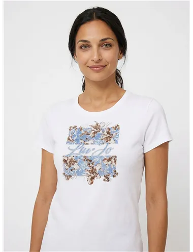 T-shirt donna con stampa e strass bianco azzurro