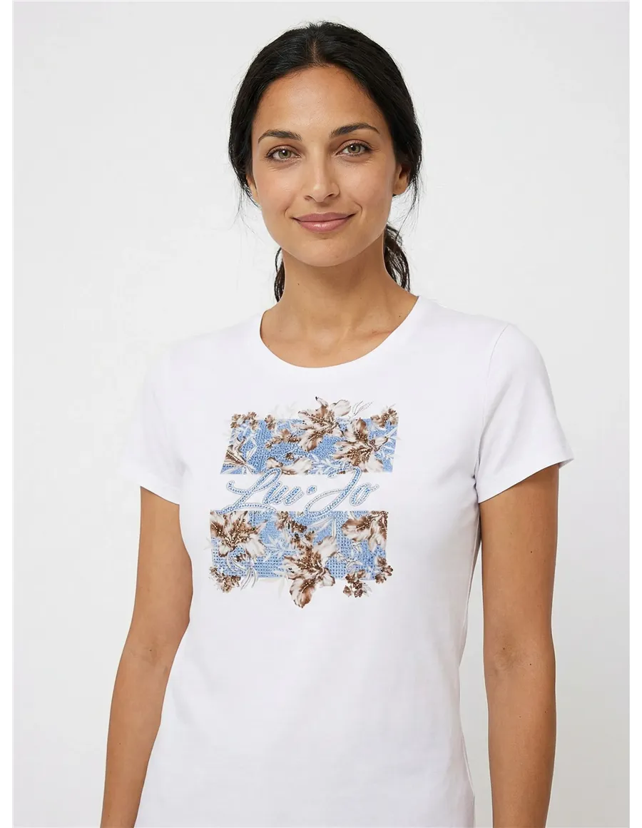 T-shirt donna con stampa e strass bianco azzurro
