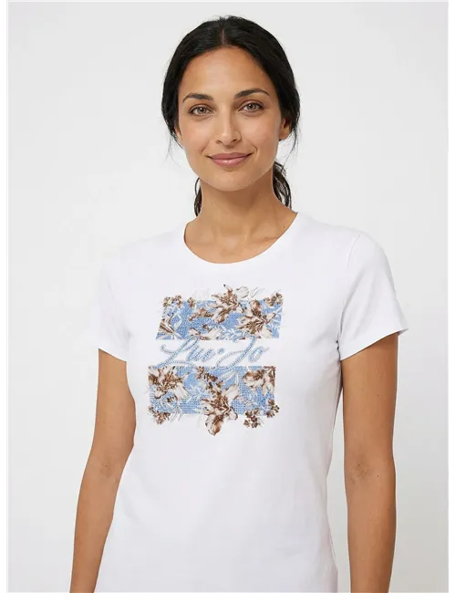T-shirt donna con stampa e strass bianco azzurro