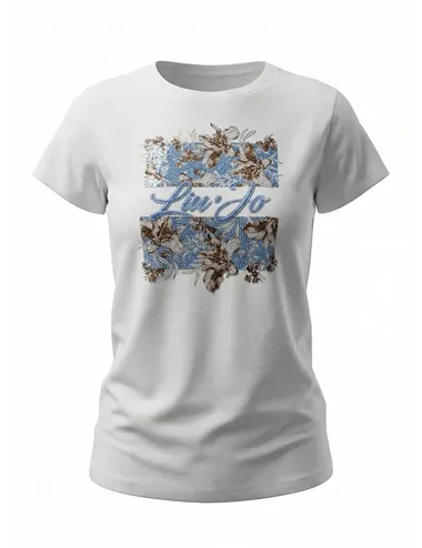 T-shirt donna con stampa e strass bianco azzurro