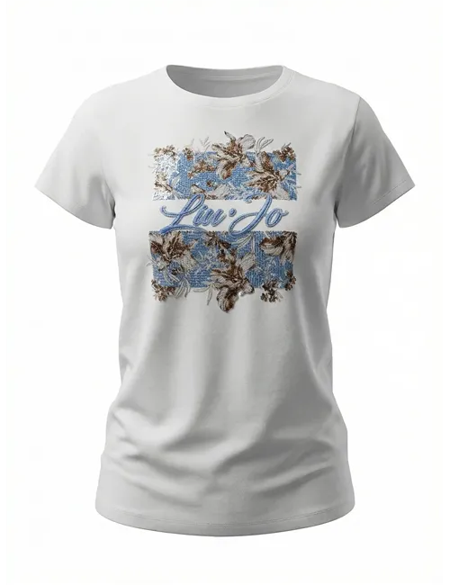 T-shirt donna con stampa e strass bianco azzurro