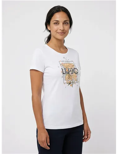 T-shirt donna con stampa e strass bianco