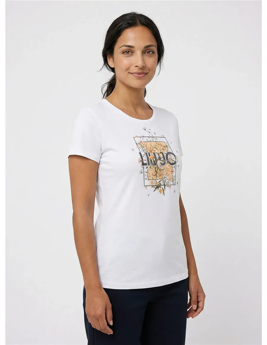 T-shirt donna con stampa e strass bianco
