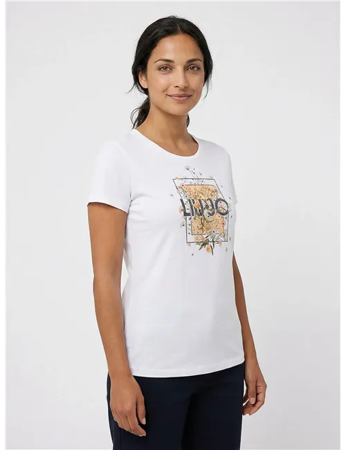 T-shirt donna con stampa e strass bianco
