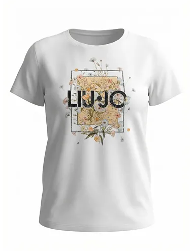 T-shirt donna con stampa e strass bianco