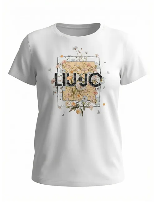 T-shirt donna con stampa e strass bianco