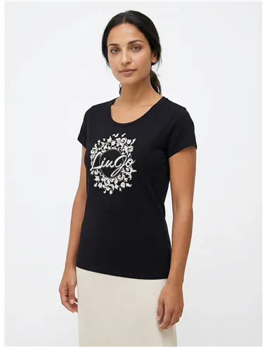 T-shirt donna con stampa e strass nero