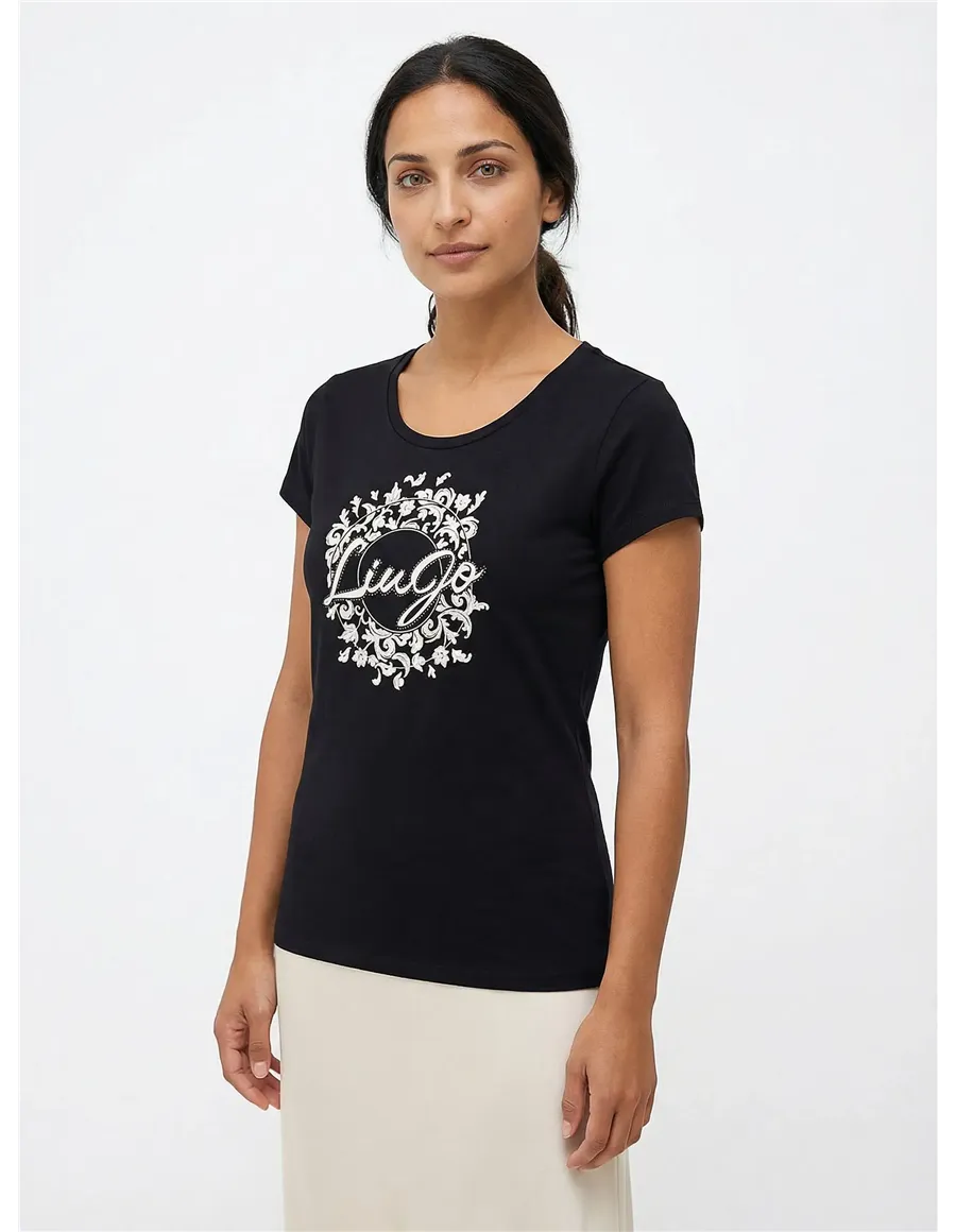 T-shirt donna con stampa e strass nero