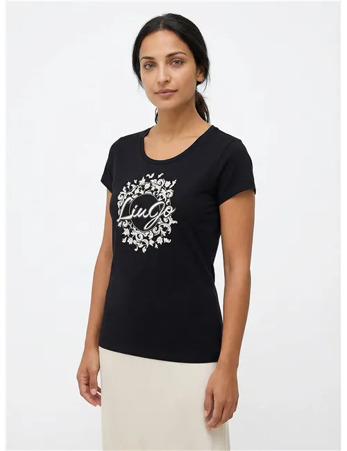 T-shirt donna con stampa e strass nero