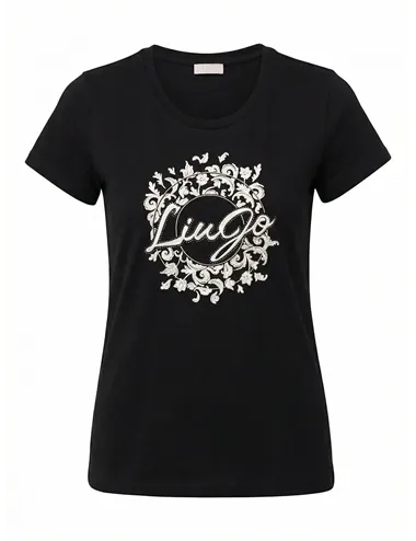 T-shirt donna con stampa e strass nero