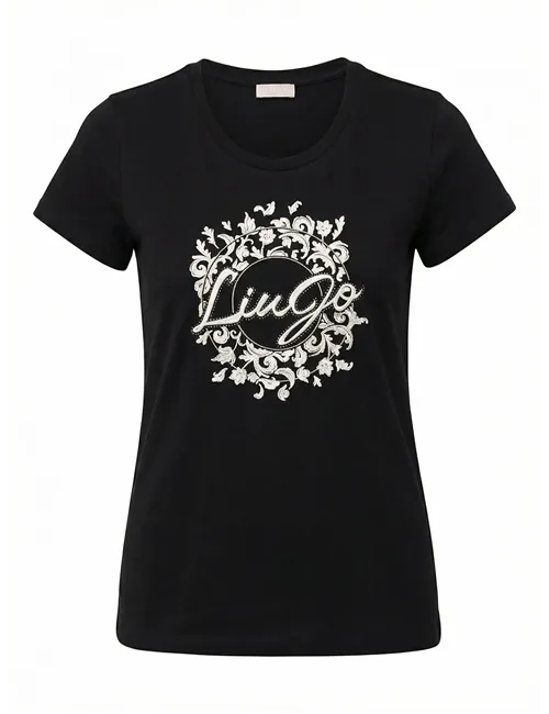 T-shirt donna con stampa e strass nero