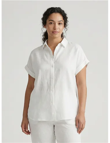 Camicia donna a maniche corte in lino bianco