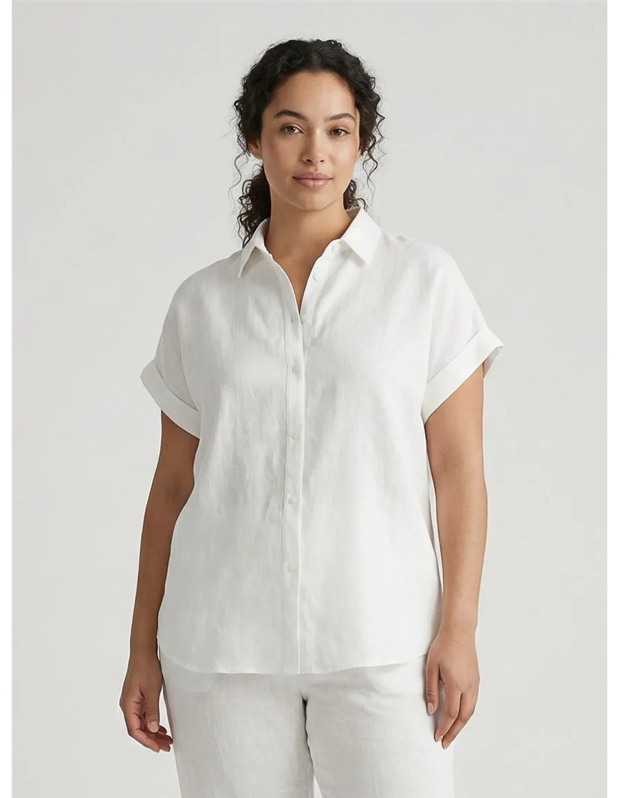 Camicia donna a maniche corte in lino bianco