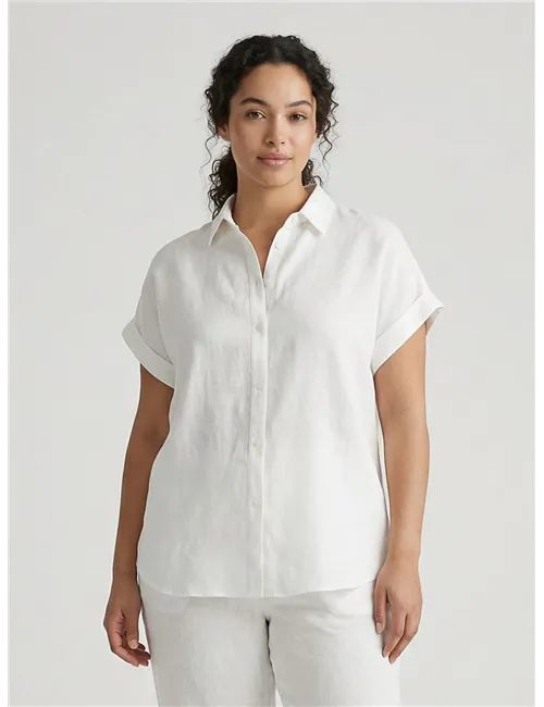 Camicia donna a maniche corte in lino bianco