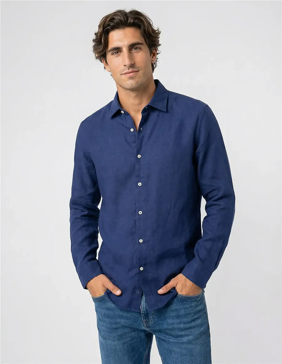 Camicia uomo lino blu navy