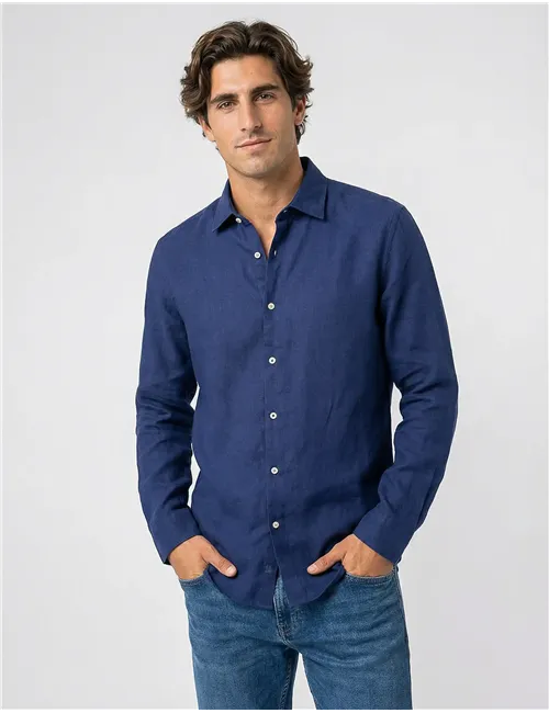 Camicia uomo lino blu navy