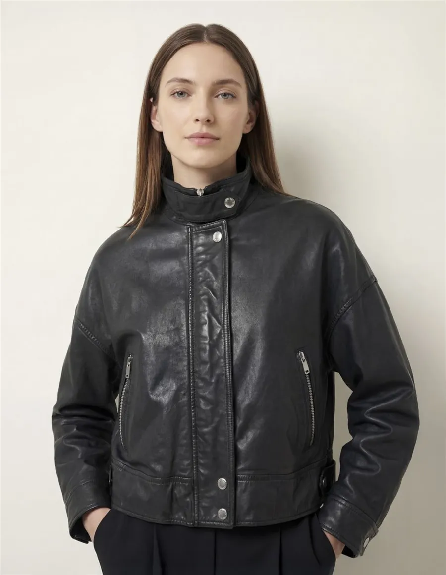 Giacca di pelle collo alto donna Angel nero